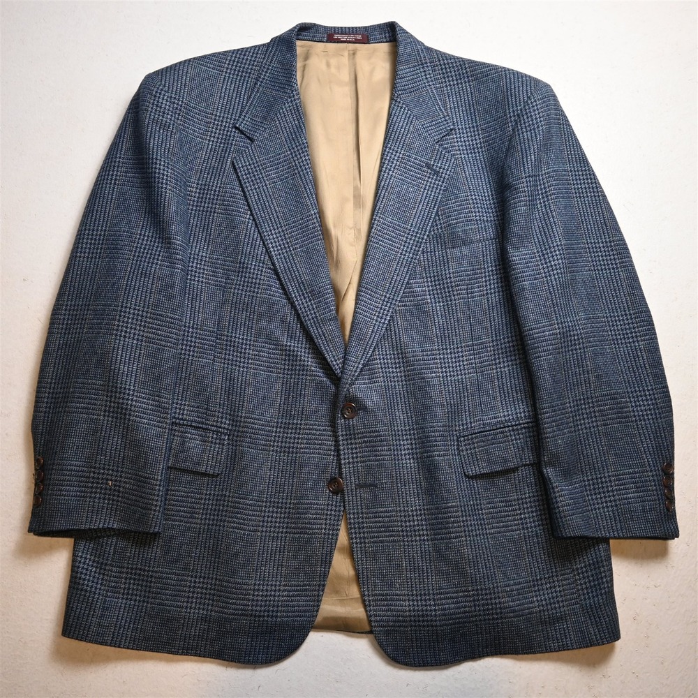 Vtg USA 48R Blue Glenn Check Silk Tweed Strong Shoulder Blazer Jacket Sport Coat